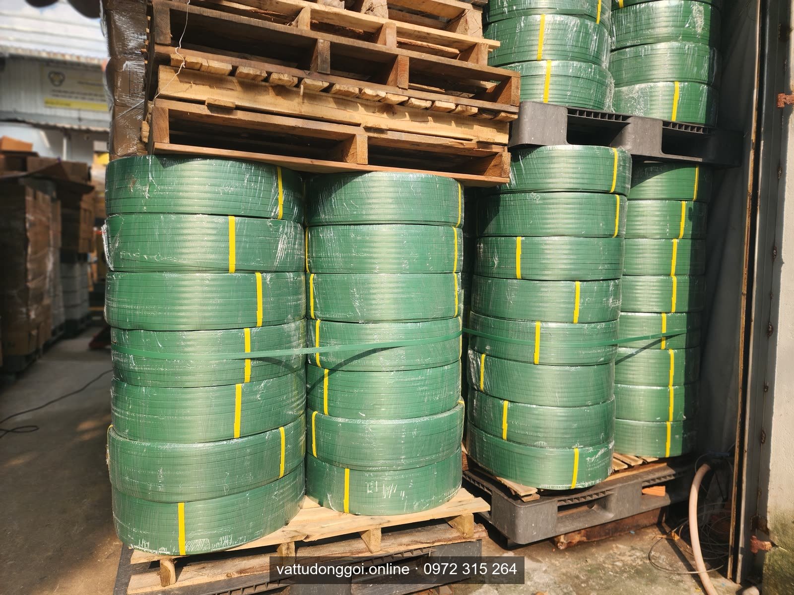 Cuộn dây đai PET 16mm màu xanh xếp trên pallet gỗ trong kho