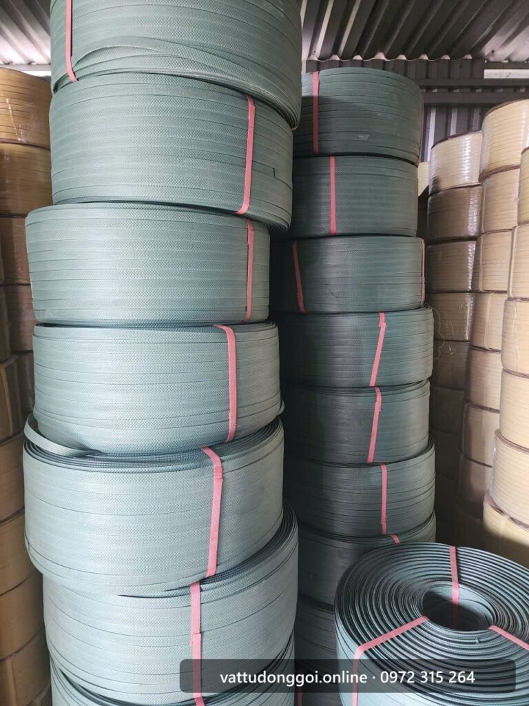 Dây đai nhựa PP màu xám xanh cuộn lớn tại kho vật tư đóng gói Đỉnh Phong 68